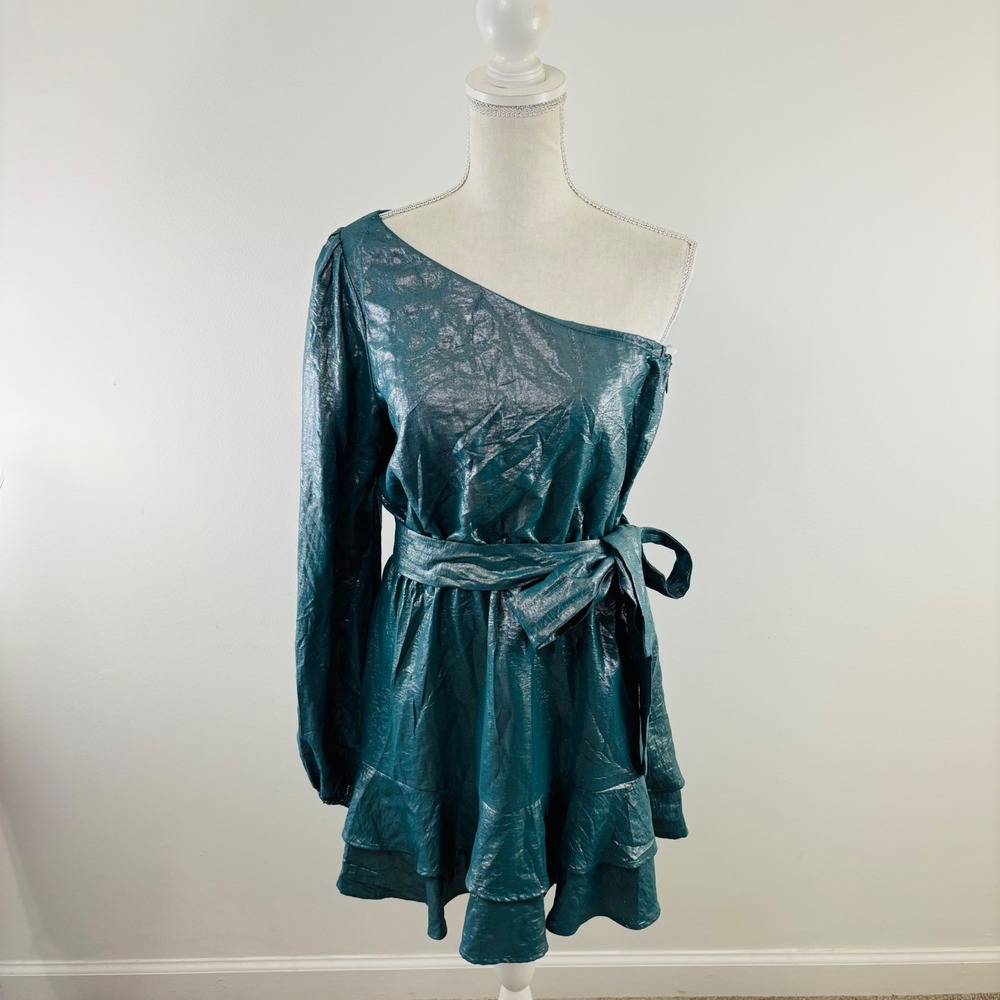 Show Me Your Mumu Teal Metallic One Shoulder Ruffle Mini Dress Medium